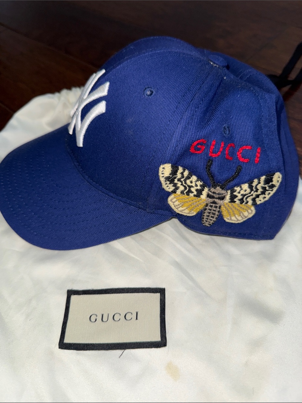 Gucci Navy Blue Baseball Cap with White NY Patch and Embroidered Moth